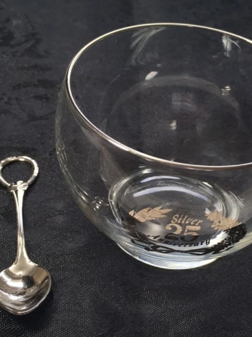 Vintage 25th Silver Anniversary Glass Sugar Bowl with Spoon Silver Rim Crest